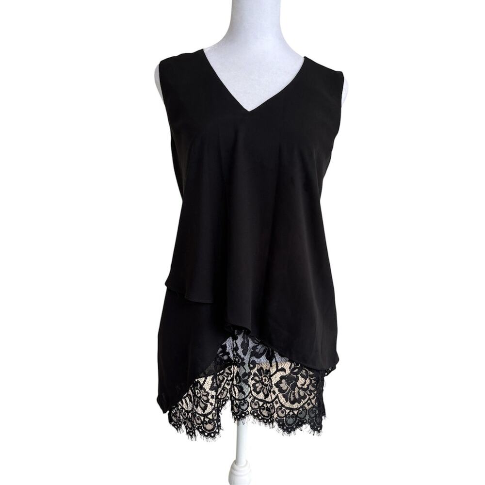 Karen Kane Black Chiffon Lace Hem V-Neck Tank Blouse Boho Chic M